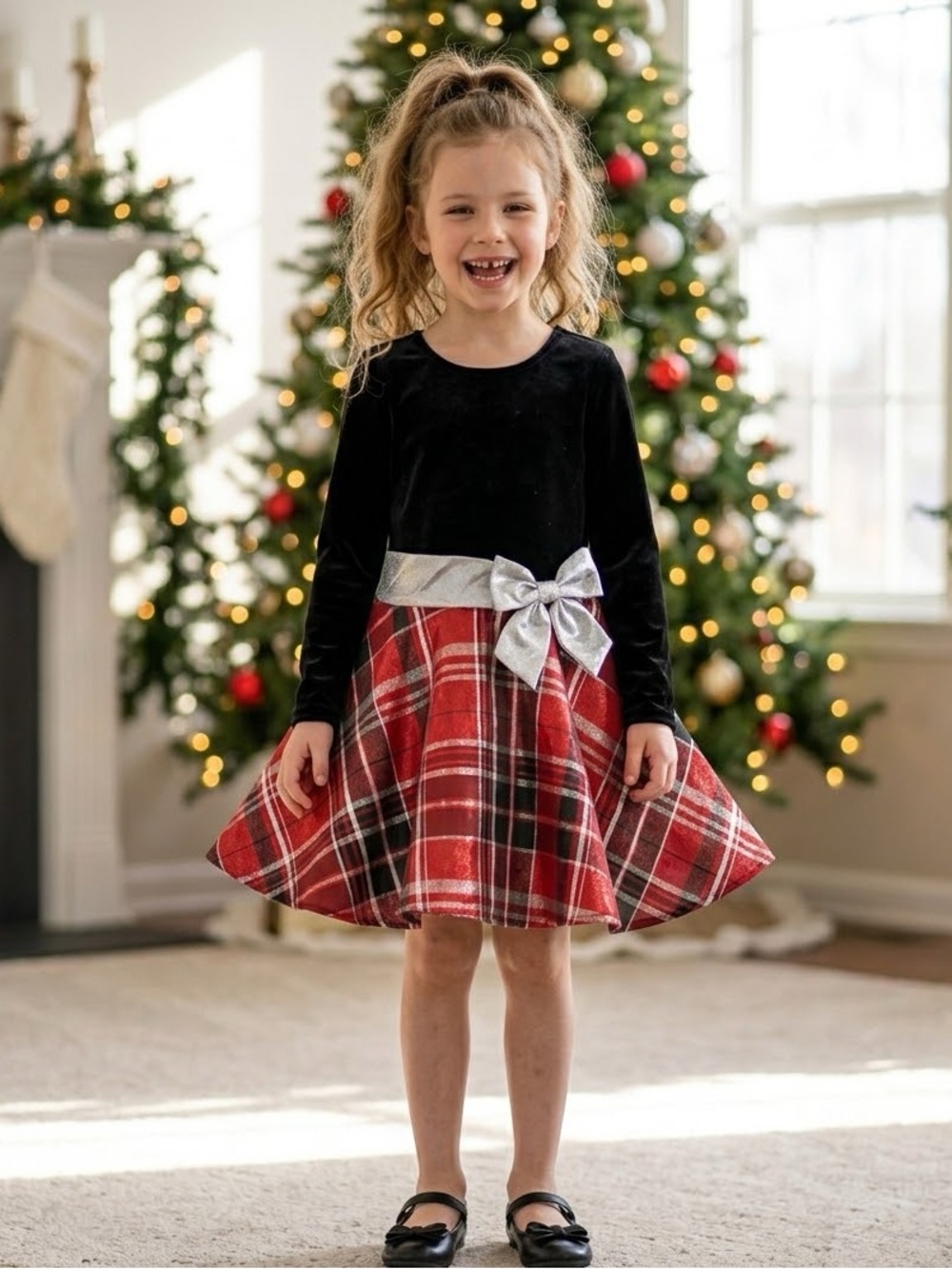 Bonnie Jean Black Velvet Top Red Plaid Skirt Dress with Silver Bow